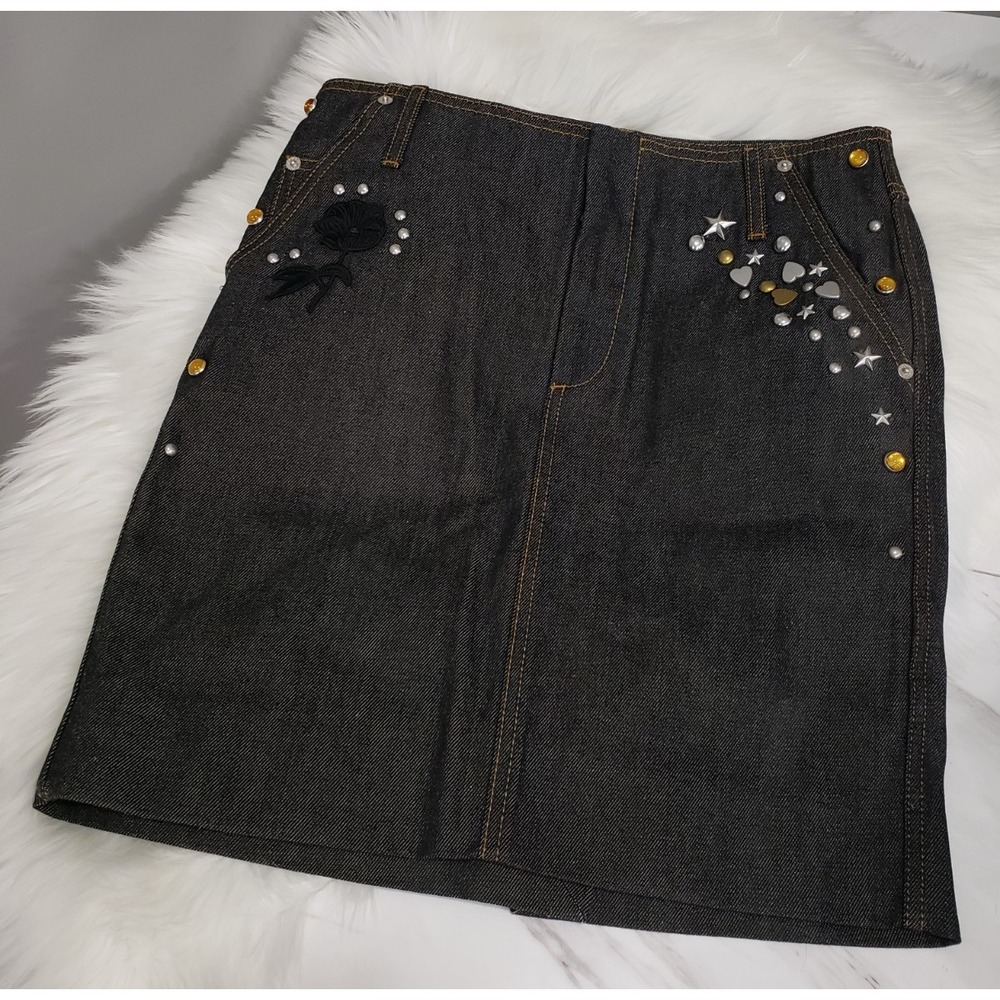 NEW SZ 4 Coach Japanese Black Denim Skirt Italian Made Embellishments Embroidery